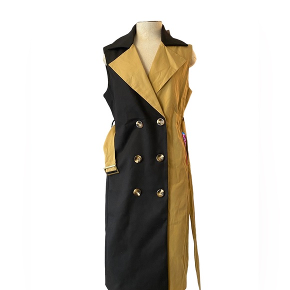 CHOOSY NWT Blackjack Two Tone Black Khaki Tan Trench Vest Dress Collared. Small - Picture 7 of 15